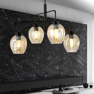 Lampadario Moderno 4 Luci Auriga In Accaio Nero E Vetro Ambra