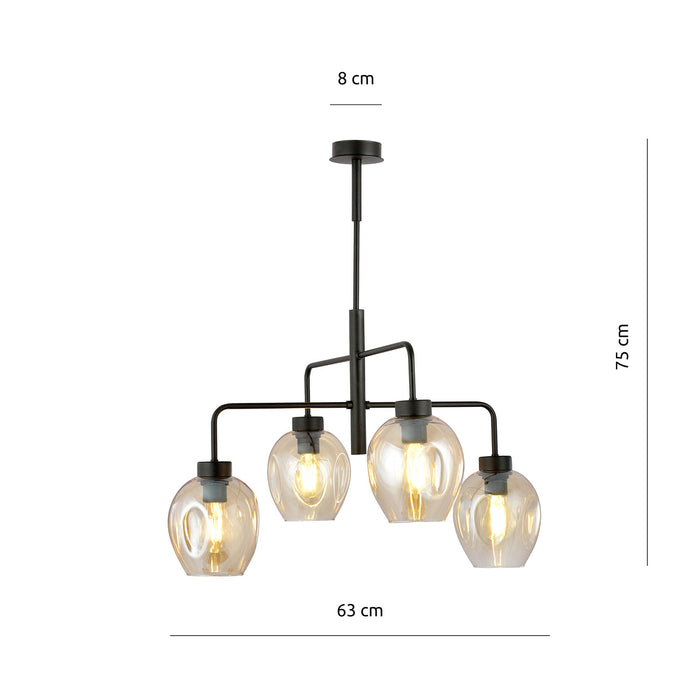 Lampadario Moderno 4 Luci Auriga In Accaio Nero E Vetro Ambra