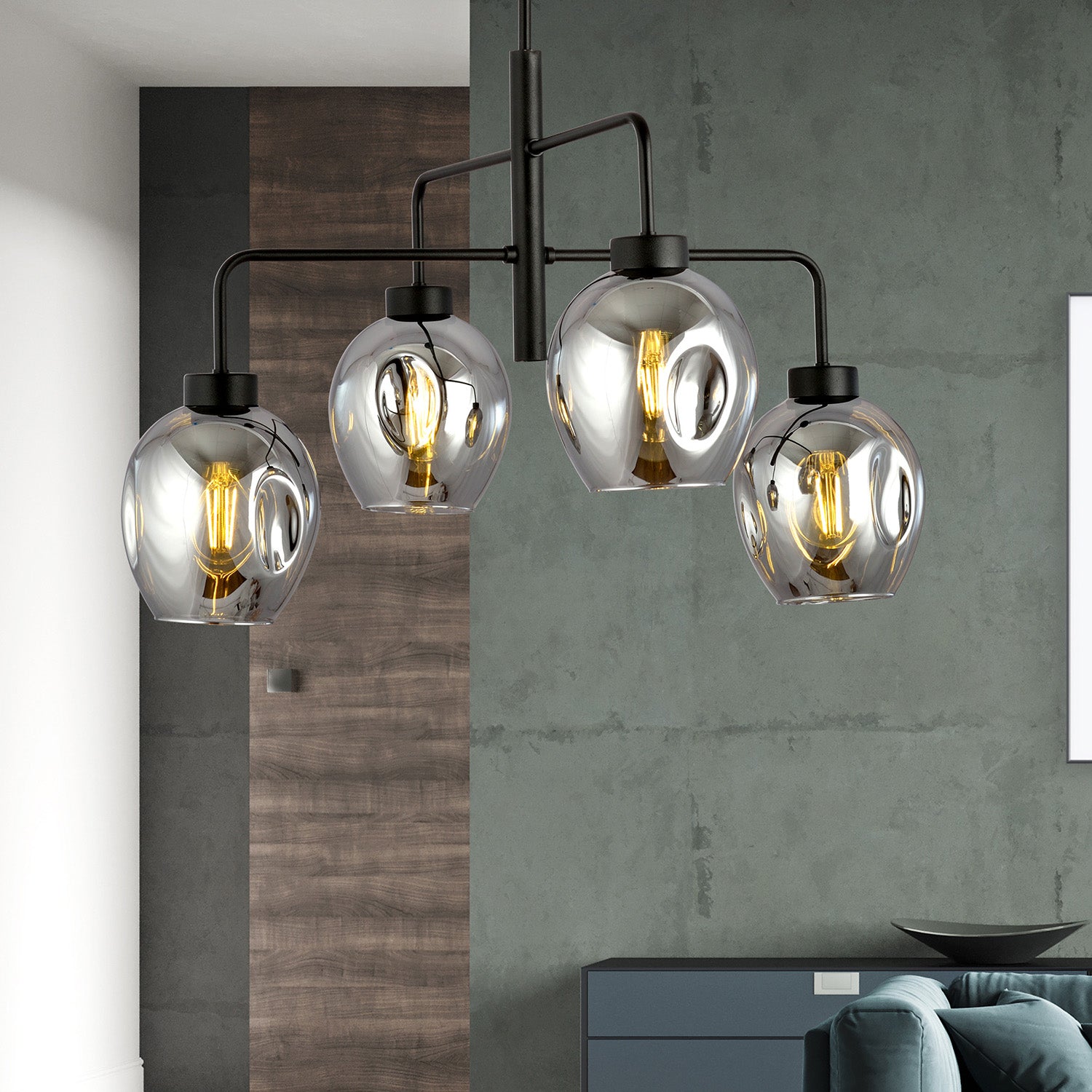 Lampadario Moderno 4 Luci Auriga In Accaio Nero E Vetro Fumè