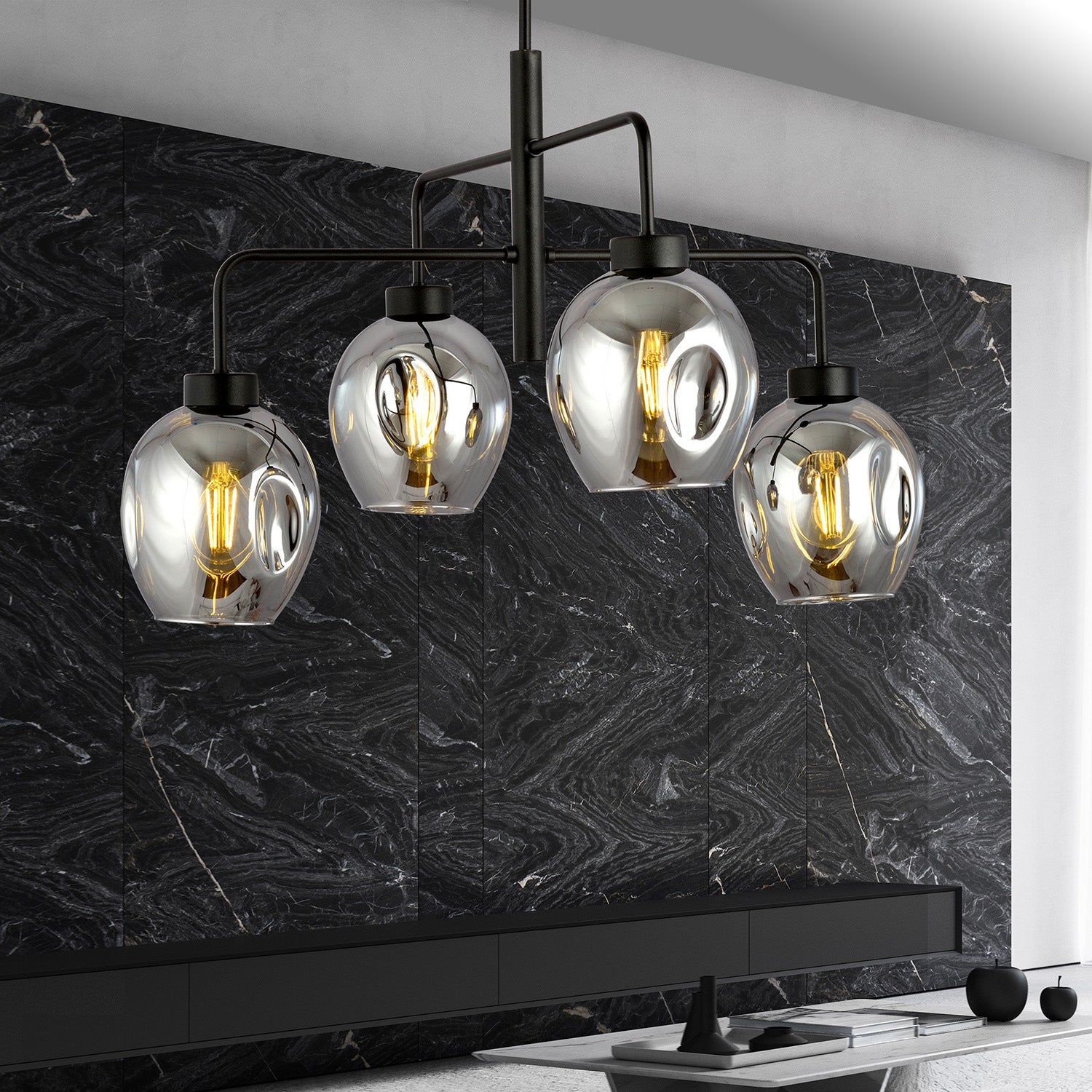 Lampadario Moderno 4 Luci Auriga In Accaio Nero E Vetro Fumè