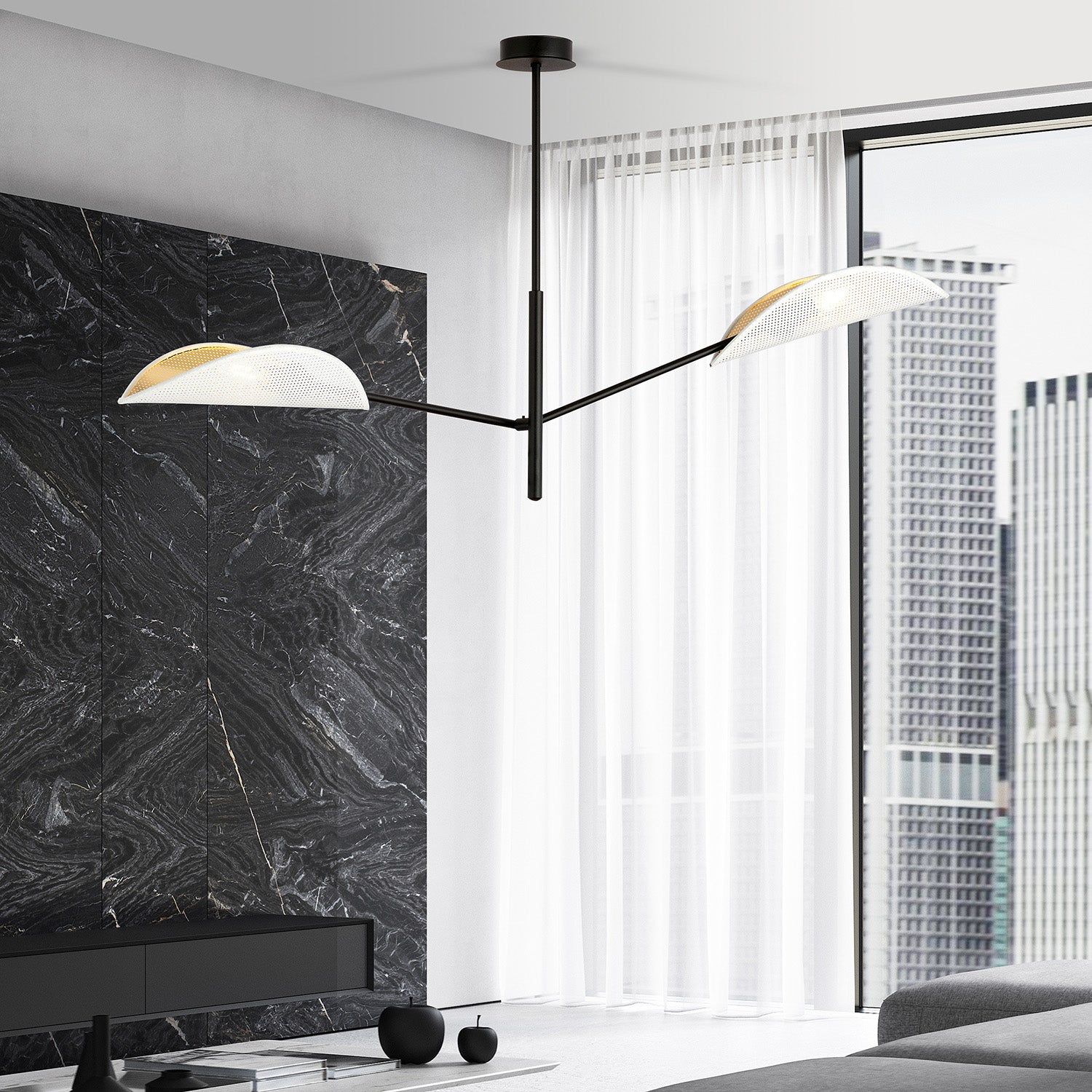 Lampadario 2 Luci Eridano In Acciao Nero E Bianco Oro Con Bracci Mobili