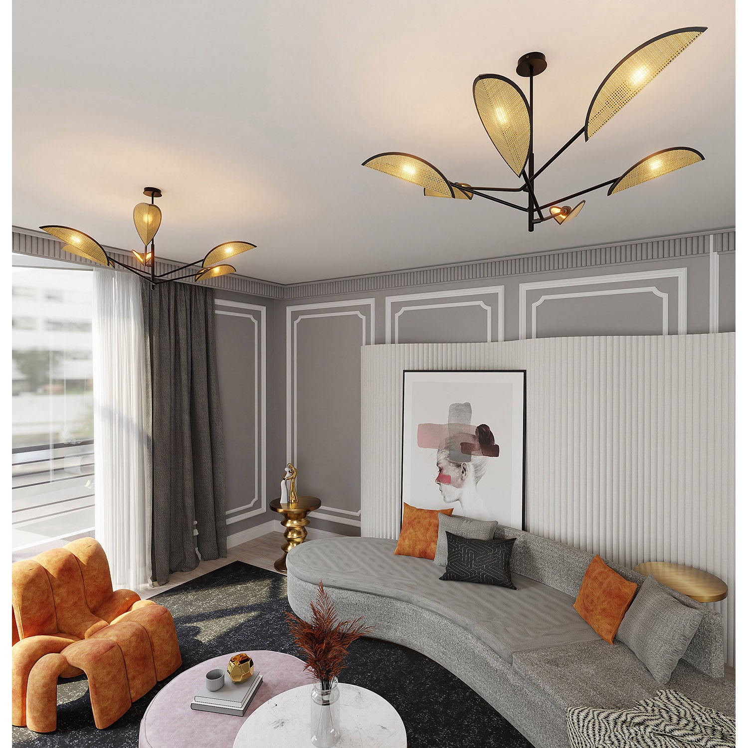 Lampadario 6 Luci Eridano In Acciao Nero E Rattan Con Bracci Mobili