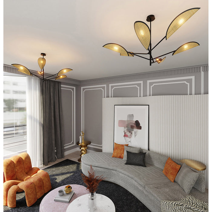 Lampadario 6 Luci Eridano In Acciao Nero E Rattan Con Bracci Mobili