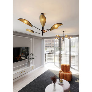 Lampadario 6 Luci Eridano In Acciao Nero E Rattan Con Bracci Mobili