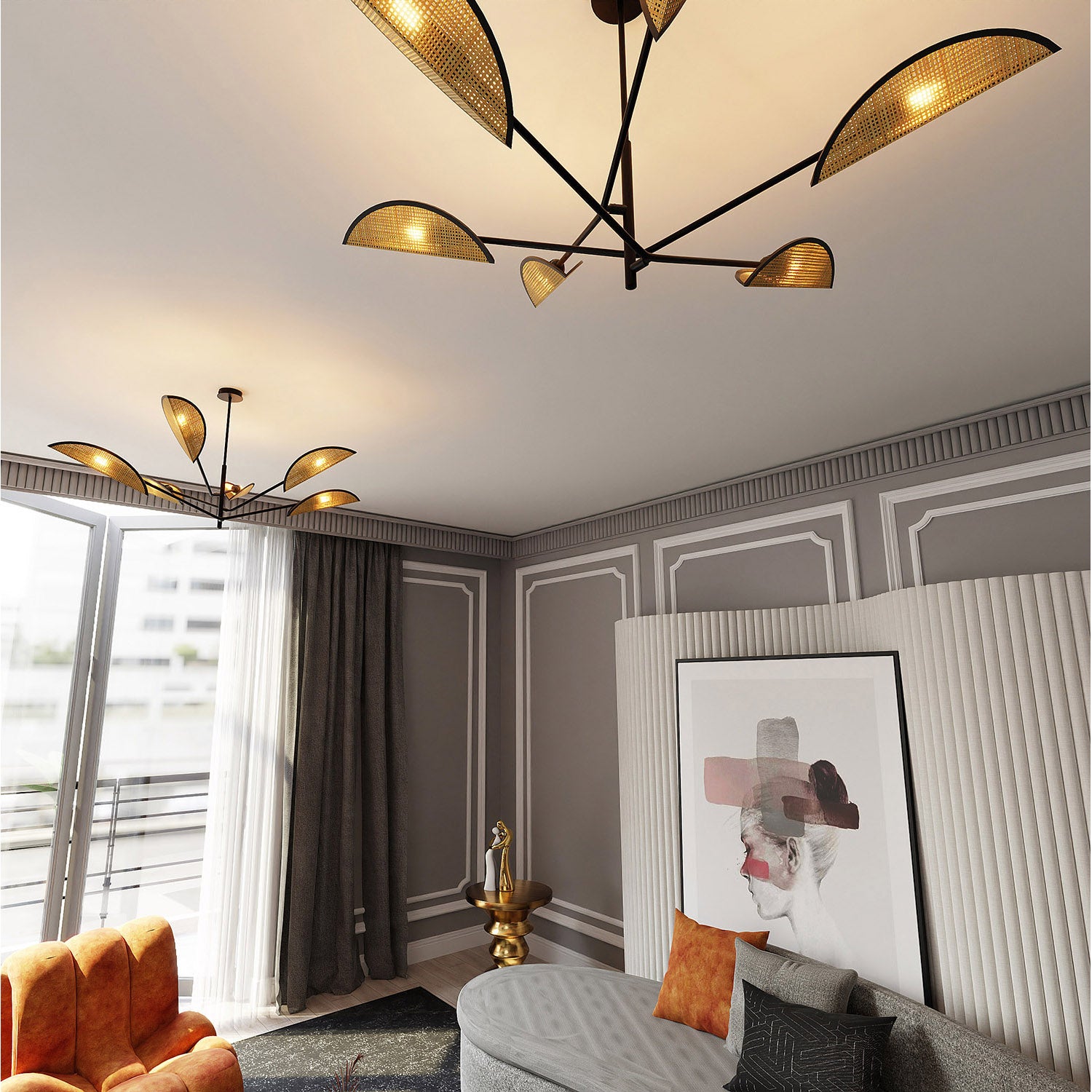 Lampadario 6 Luci Eridano In Acciao Nero E Rattan Con Bracci Mobili