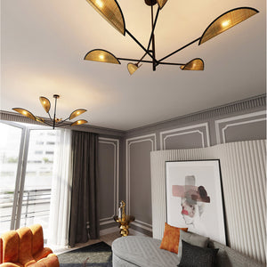 Lampadario 6 Luci Eridano In Acciao Nero E Rattan Con Bracci Mobili