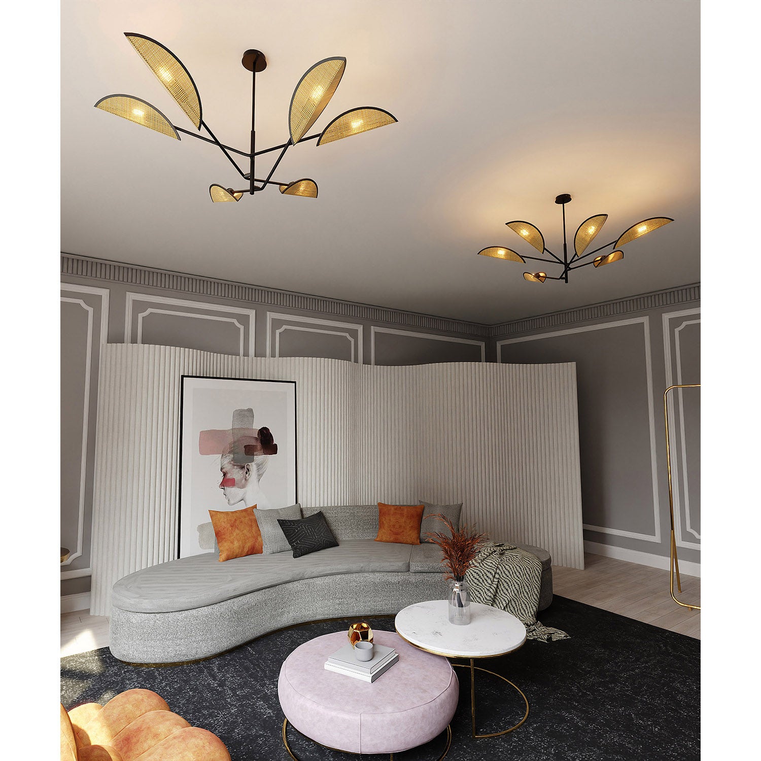 Lampadario 6 Luci Eridano In Acciao Nero E Rattan Con Bracci Mobili