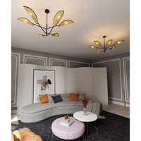 Lampadario 6 Luci Eridano In Acciao Nero E Rattan Con Bracci Mobili