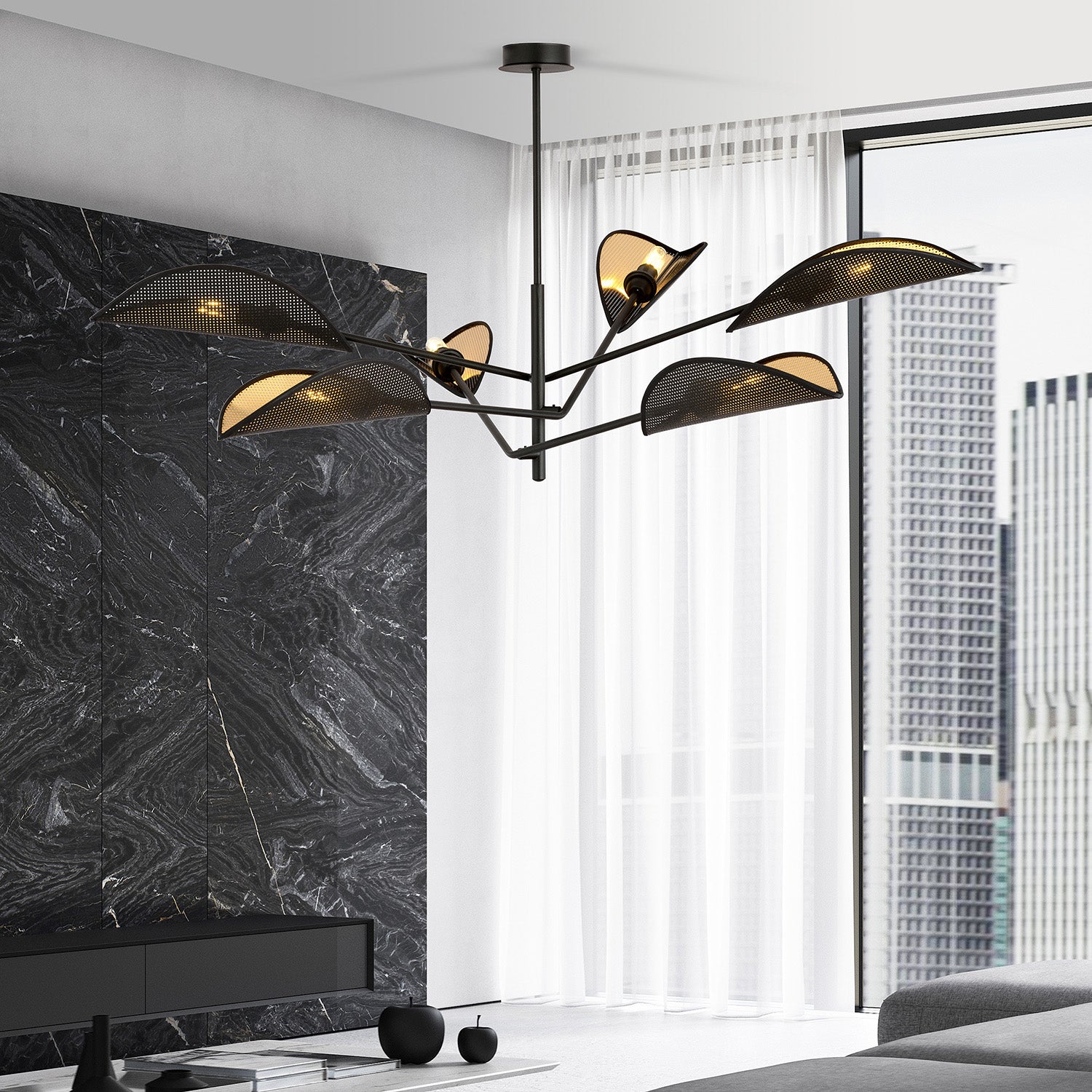 Lampadario 6 Luci Eridano In Acciao Nero E Oro Con Bracci Mobili