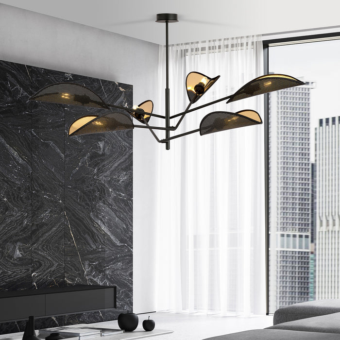 Lampadario 6 Luci Eridano In Acciao Nero E Oro Con Bracci Mobili