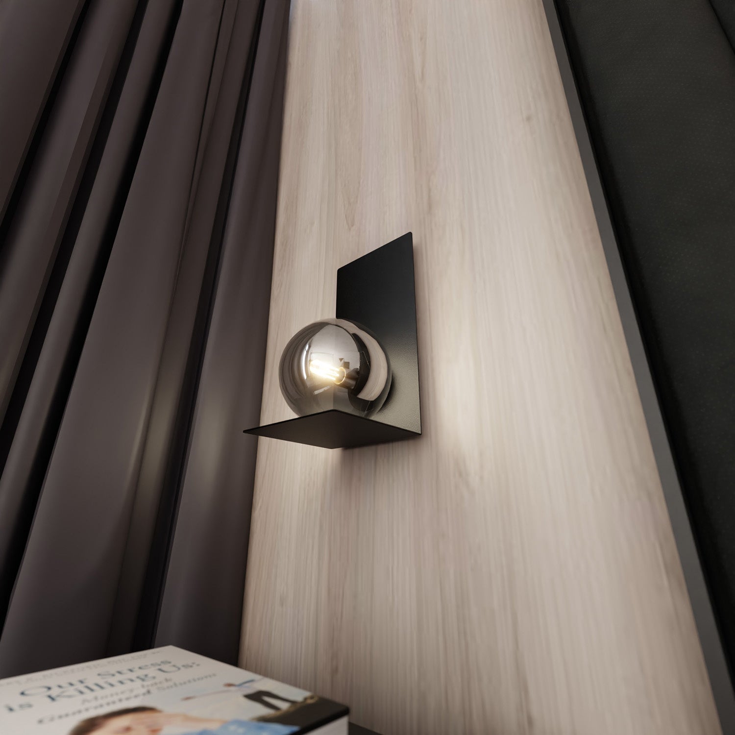 Applique Minimal 1 Luce Indiretta Agni Con Base In Acciaio Nero E Vetro Fumè