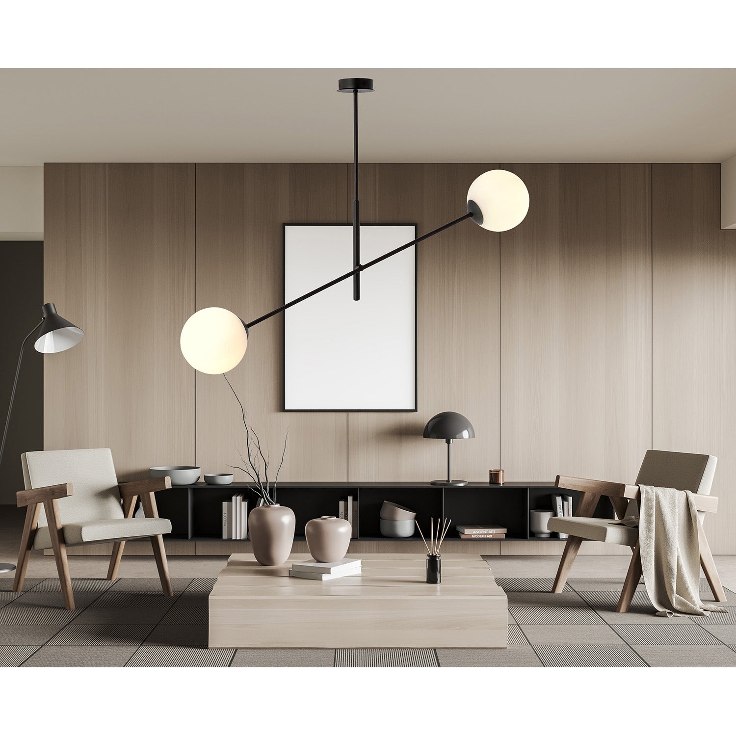 Lampadario 2 Luci Yama In Acciao Nero Con Bracci Regolabili E Vetro Opale