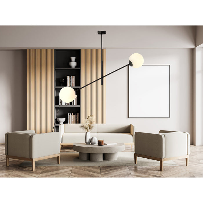 Lampadario 2 Luci Yama In Acciao Nero Con Bracci Regolabili E Vetro Opale