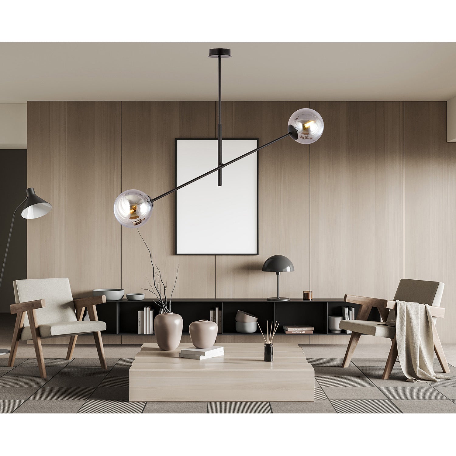 Lampadario 2 Luci Yama In Acciao Nero Con Bracci Regolabili E Vetro Fumè