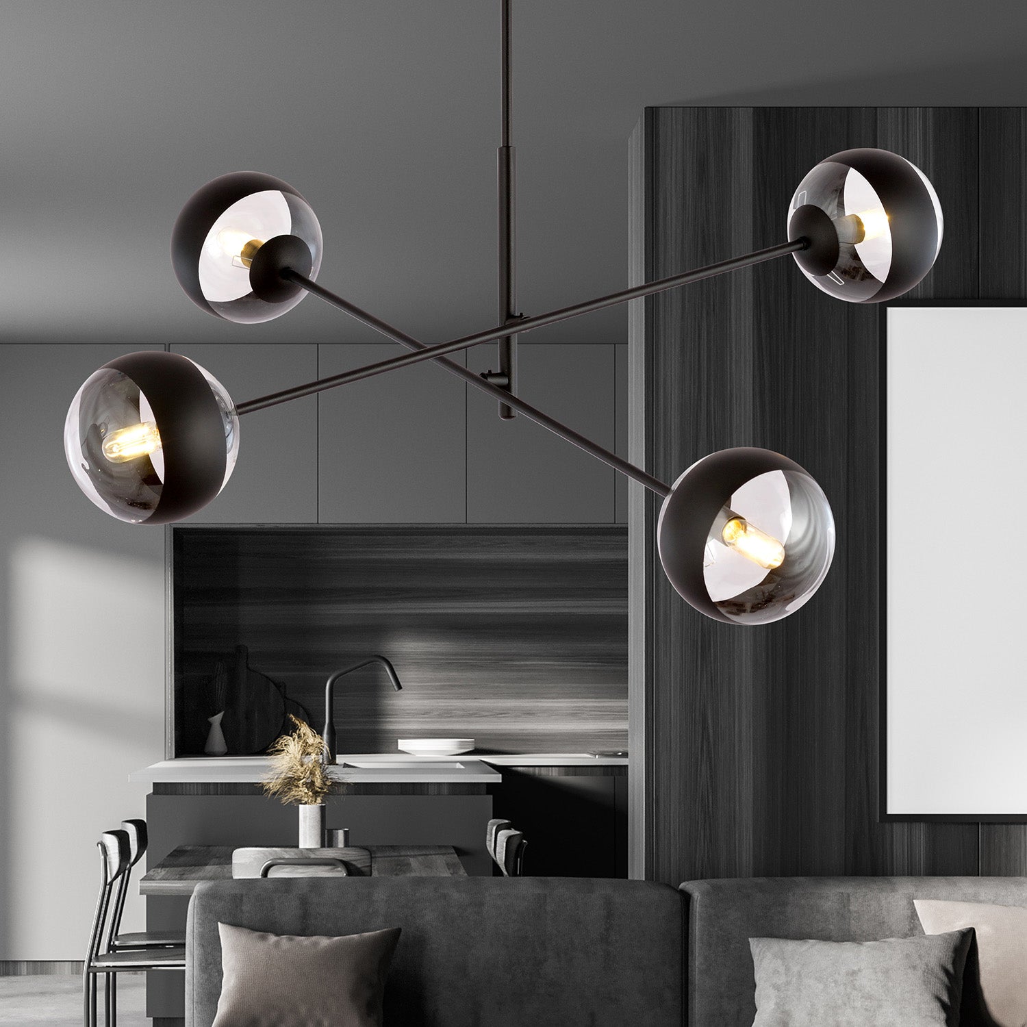 Lampadario Contemporaneo Yama Acciaio Nero 4 Luci E14 Ip20