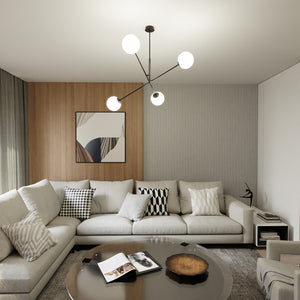 Lampadario 4 Luci Yama In Acciao Nero Con Bracci Regolabili E Vetro Opale