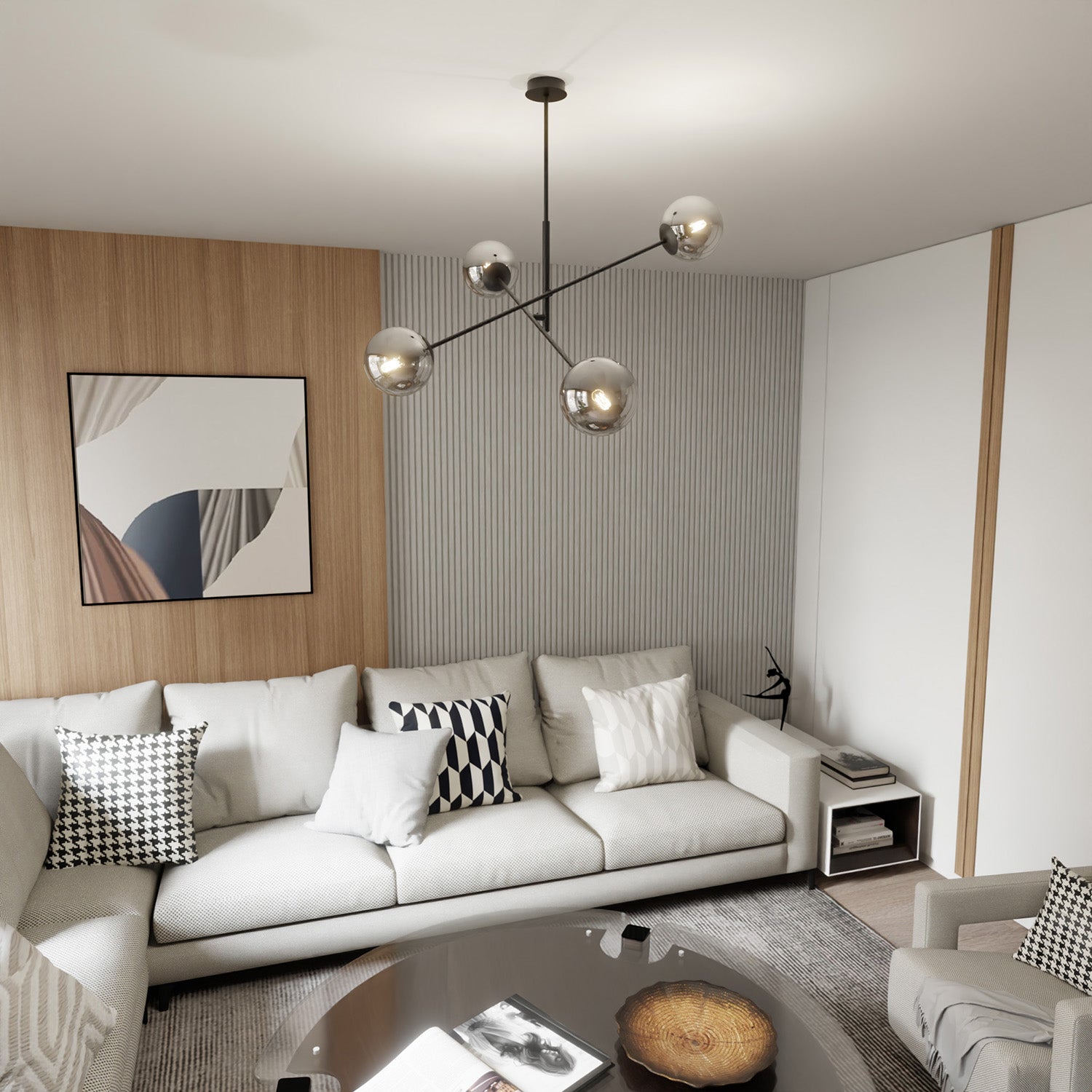 Lampadario 4 Luci Yama In Acciao Nero Con Bracci Regolabili E Vetro Fumè