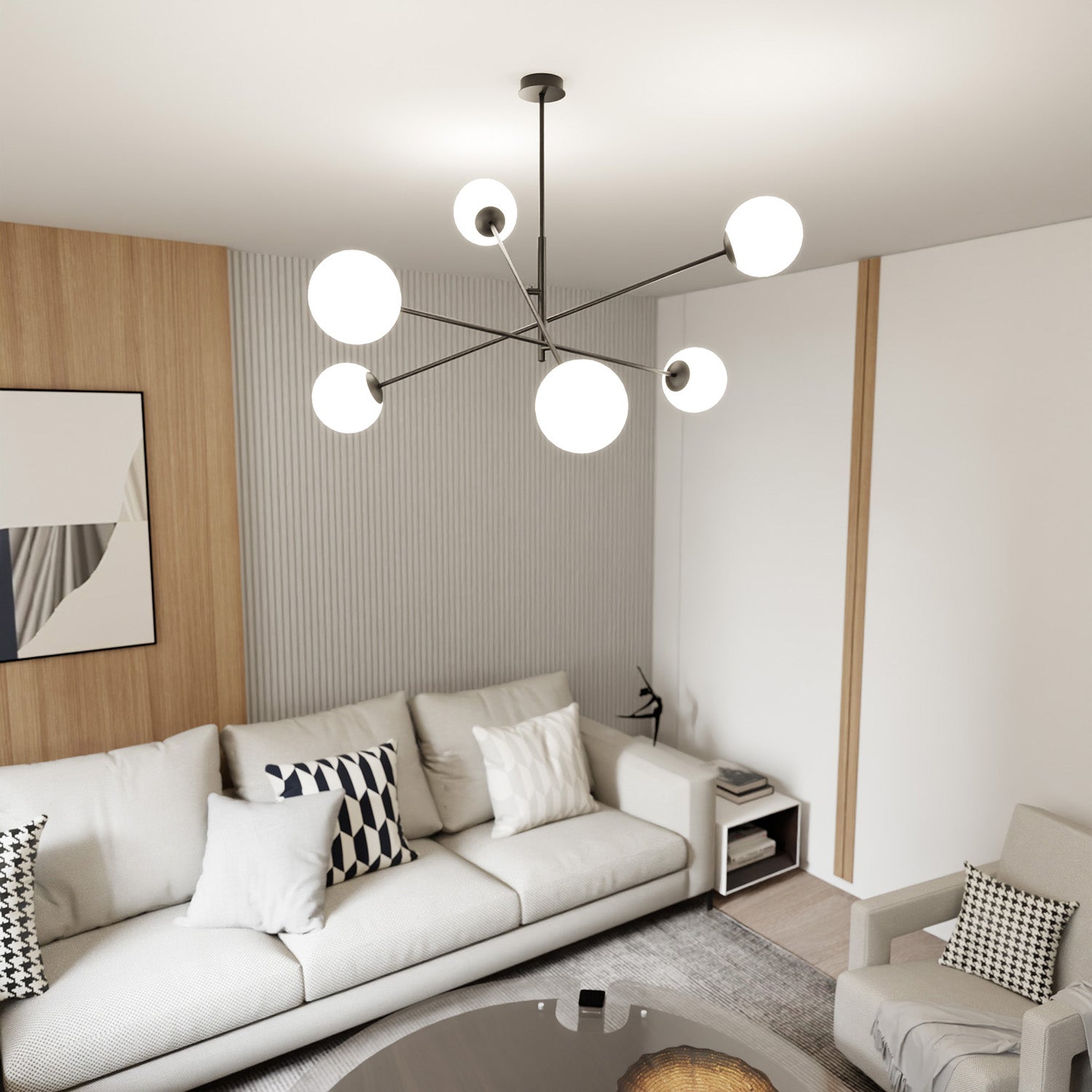 Lampadario 6 Luci Yama In Acciao Nero Con Bracci Regolabili E Vetro Opale