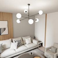 Lampadario 6 Luci Yama In Acciao Nero Con Bracci Regolabili E Vetro Opale