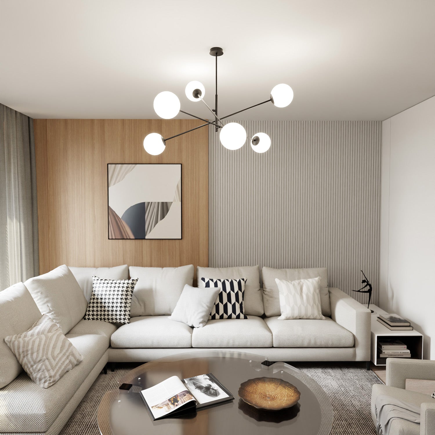 Lampadario 6 Luci Yama In Acciao Nero Con Bracci Regolabili E Vetro Opale