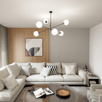 Lampadario 6 Luci Yama In Acciao Nero Con Bracci Regolabili E Vetro Opale