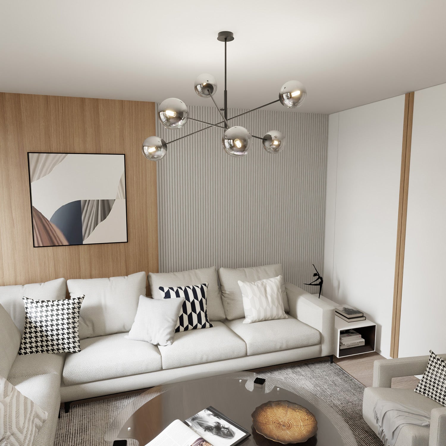 Lampadario 6 Luci Yama In Acciao Nero Con Bracci Regolabili E Vetro Fumè