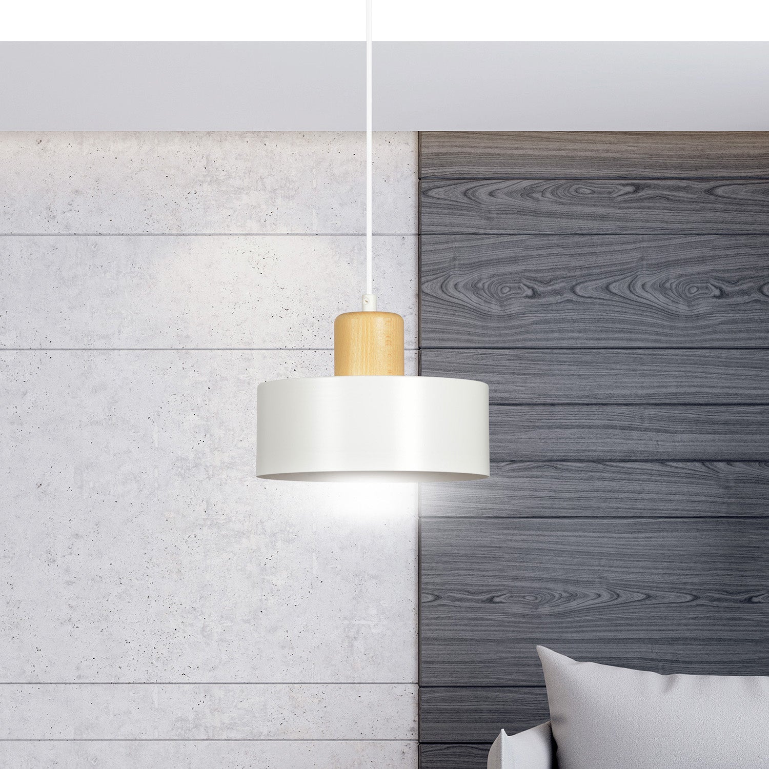 Sospensione Nordica 1 Luce Surya In Acciaio Bianco E Legno