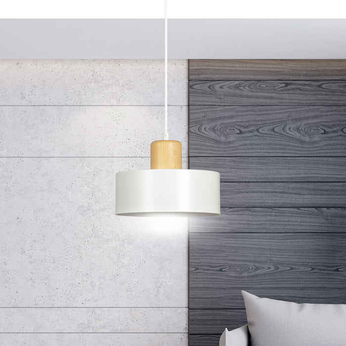 Sospensione Nordica 1 Luce Surya In Acciaio Bianco E Legno