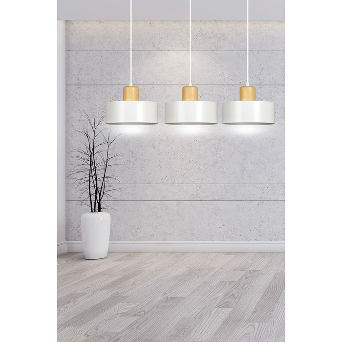 Sospensione Nordica 3 Luci Surya In Acciaio Bianco E Legno
