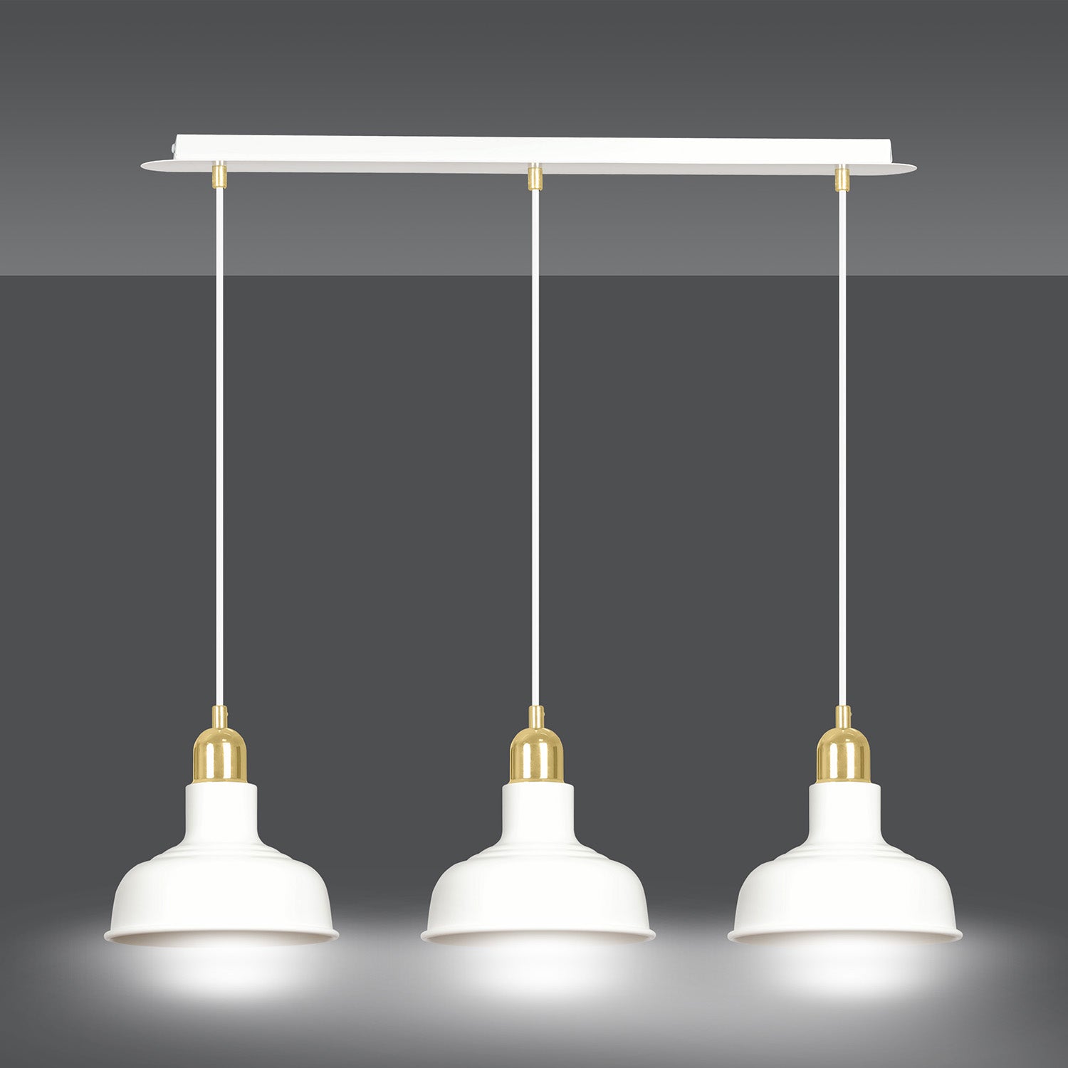 Lampadario Industrial 3 Luci Kubera In Acciaio Bianco Con Elementi In Oro
