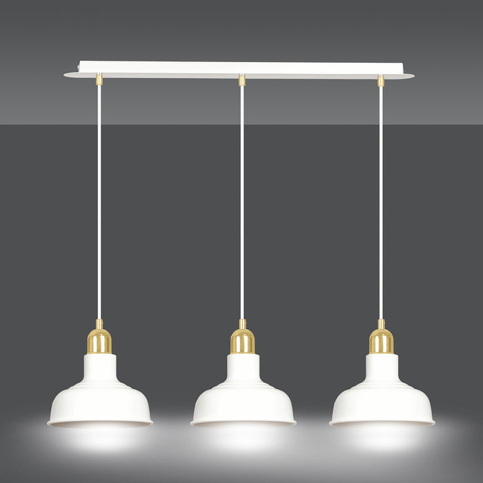 Lampadario Industrial 3 Luci Kubera In Acciaio Bianco Con Elementi In Oro