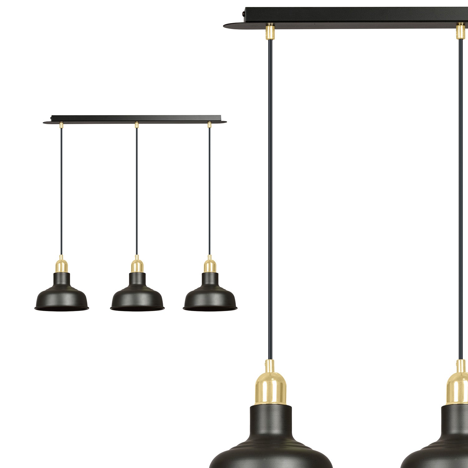 Lampadario Industrial 3 Luci Kubera In Acciaio Nero Con Elementi In Oro