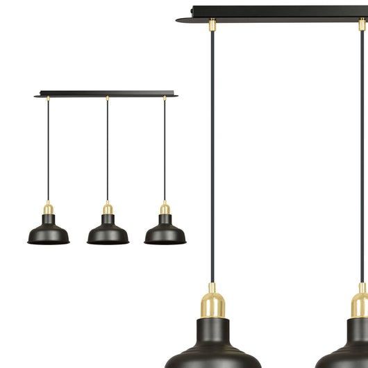 Lampadario Industrial 3 Luci Kubera In Acciaio Nero Con Elementi In Oro