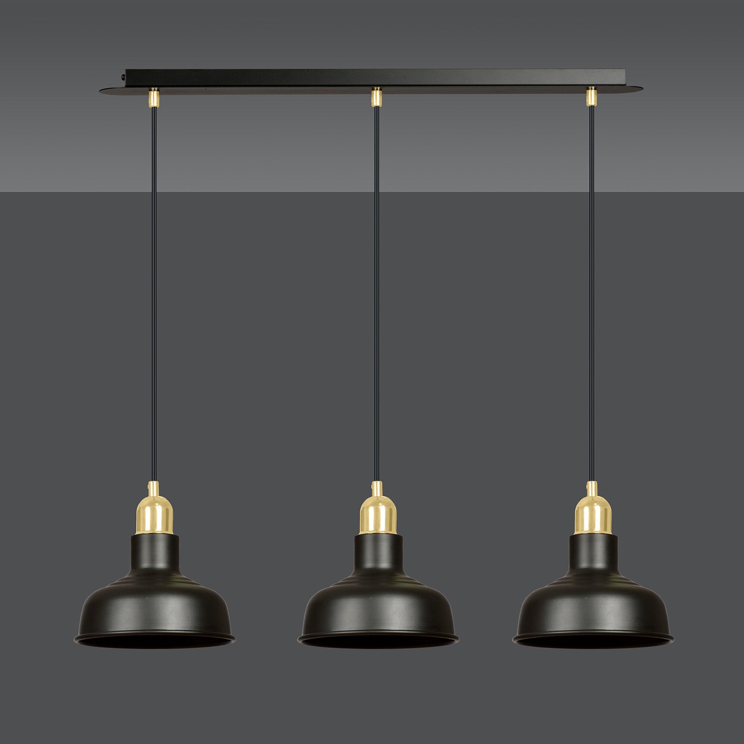 Lampadario Industrial 3 Luci Kubera In Acciaio Nero Con Elementi In Oro