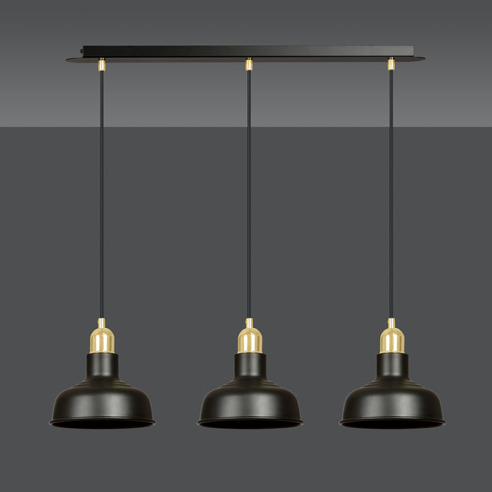 Lampadario Industrial 3 Luci Kubera In Acciaio Nero Con Elementi In Oro