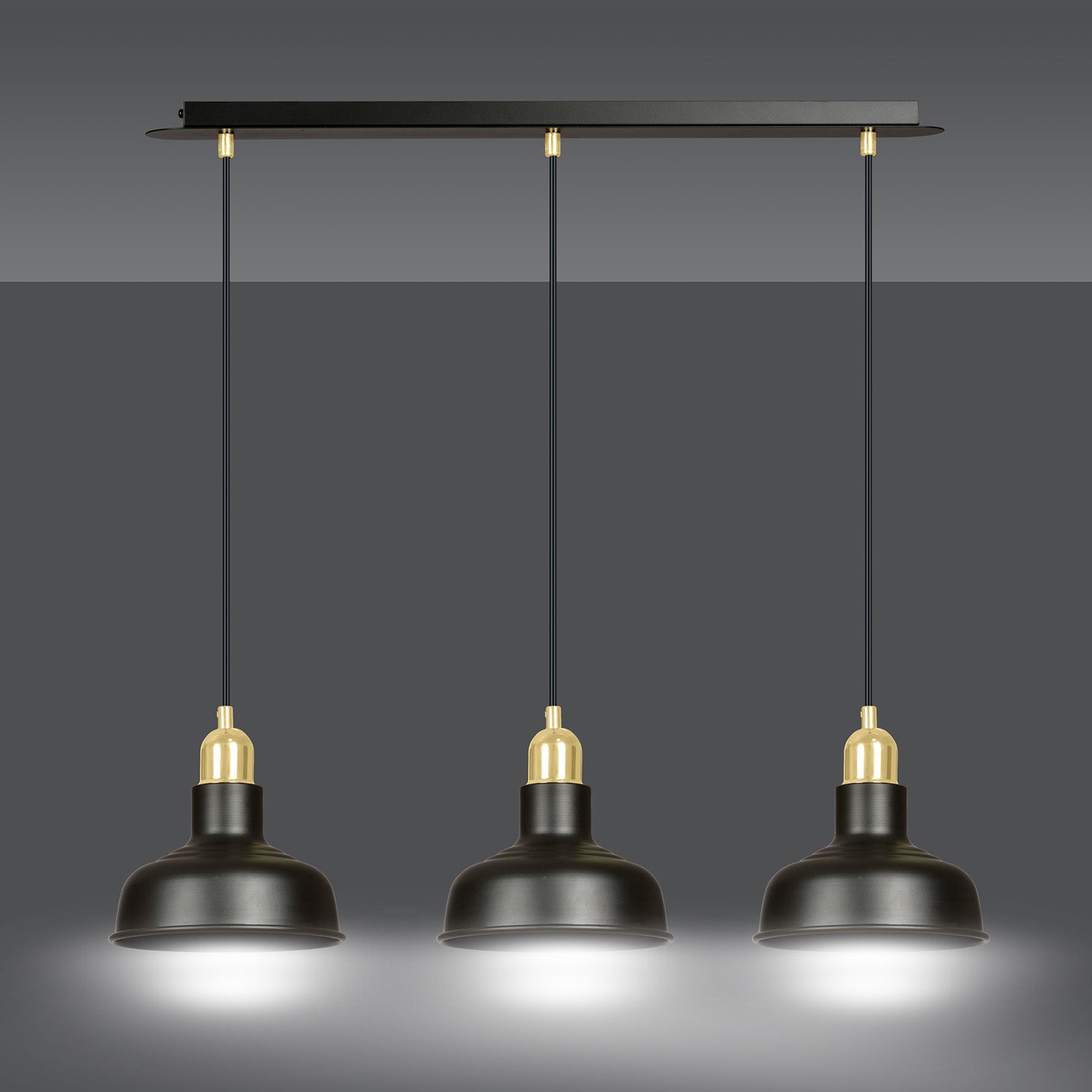 Lampadario Industrial 3 Luci Kubera In Acciaio Nero Con Elementi In Oro