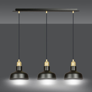 Lampadario Industrial 3 Luci Kubera In Acciaio Nero Con Elementi In Oro