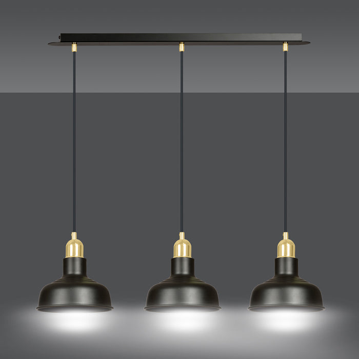 Lampadario Industrial 3 Luci Kubera In Acciaio Nero Con Elementi In Oro