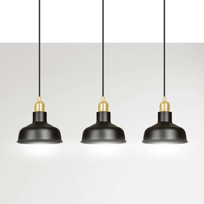 Lampadario Industrial 3 Luci Kubera In Acciaio Nero Con Elementi In Oro