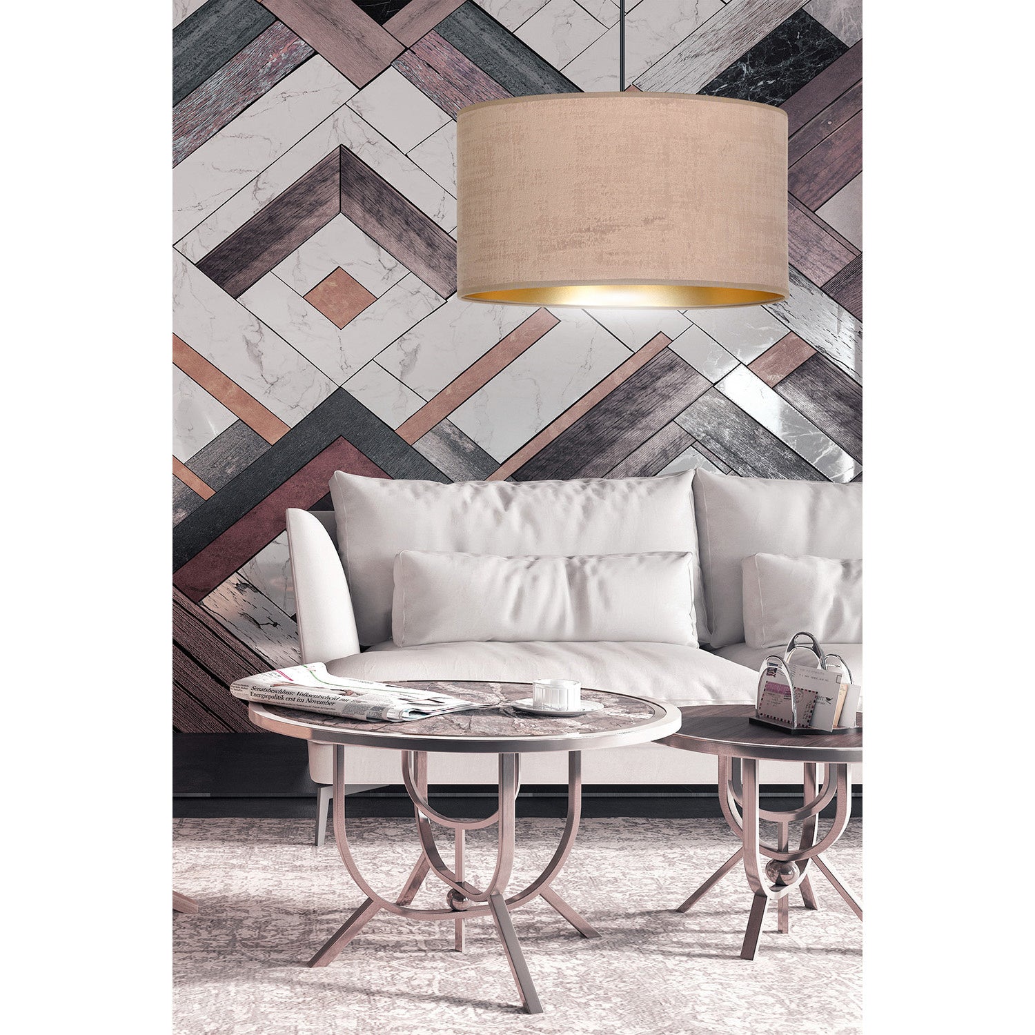 Sospensione 1 Luce Ganesha In Acciaio Nero E Paralume In Tessuto Rosa