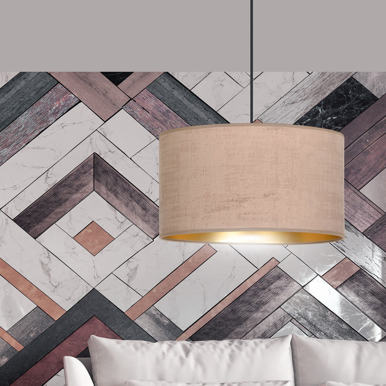 Sospensione 1 Luce Ganesha In Acciaio Nero E Paralume In Tessuto Rosa