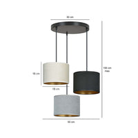 Lampadario Tondo 3 Luci Ganesha In Acciaio Nero E Paralumi In Tessuto Multicolore