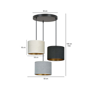 Lampadario Tondo 3 Luci Ganesha In Acciaio Nero E Paralumi In Tessuto Multicolore