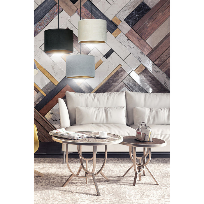 Lampadario Tondo 3 Luci Ganesha In Acciaio Nero E Paralumi In Tessuto Multicolore