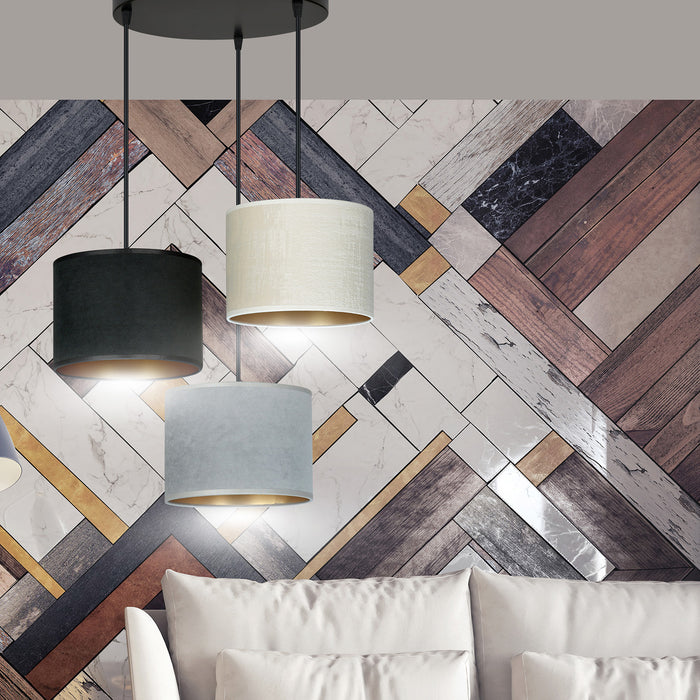 Lampadario Tondo 3 Luci Ganesha In Acciaio Nero E Paralumi In Tessuto Multicolore