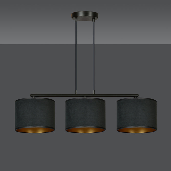 Lampadario 3 Luci Ganesha In Acciaio Nero E Paralumi In Tessuto Nero