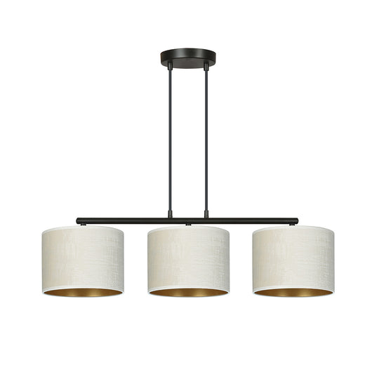 Lampadario 3 Luci Ganesha In Acciaio Nero E Paralumi In Tessuto Beige