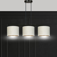 Lampadario 3 Luci Ganesha In Acciaio Nero E Paralumi In Tessuto Beige