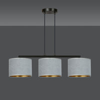 Lampadario 3 Luci Ganesha In Acciaio Nero E Paralumi In Tessuto Grigio