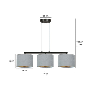 Lampadario 3 Luci Ganesha In Acciaio Nero E Paralumi In Tessuto Grigio